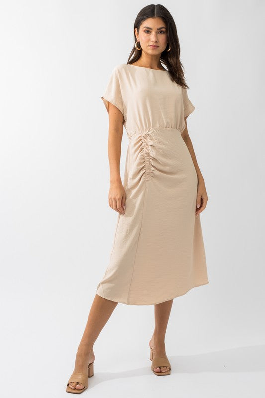 Elastic Shirring Midi Dress