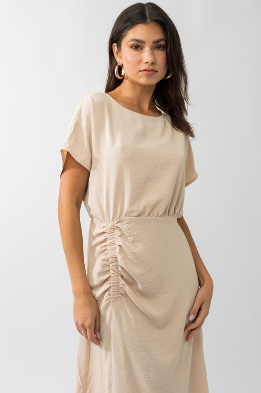S/S ELASTIC SHIRRING MIDI DRESS