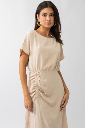 S/S ELASTIC SHIRRING MIDI DRESS