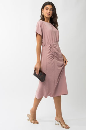 
            
                Load image into Gallery viewer, S/S ELASTIC SHIRRING MIDI DRESS
            
        