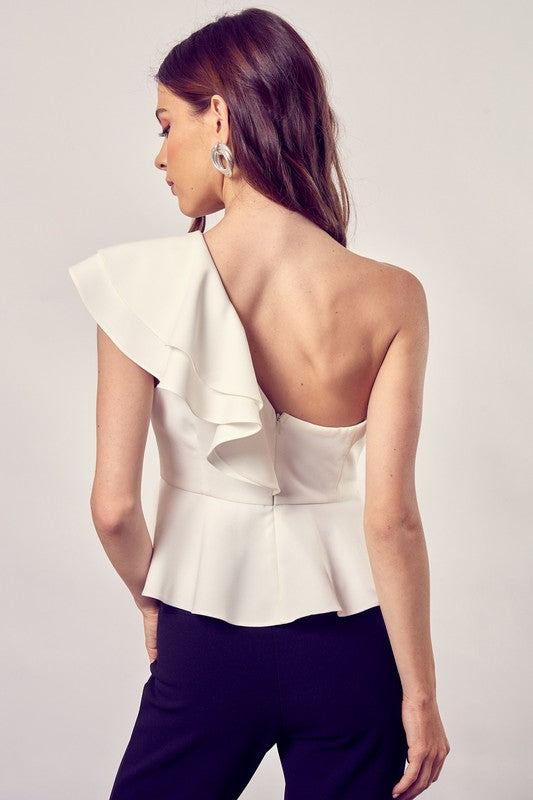 
            
                Load image into Gallery viewer, ONE SHOULDER RUFFLE PEPLUM TOP
            
        