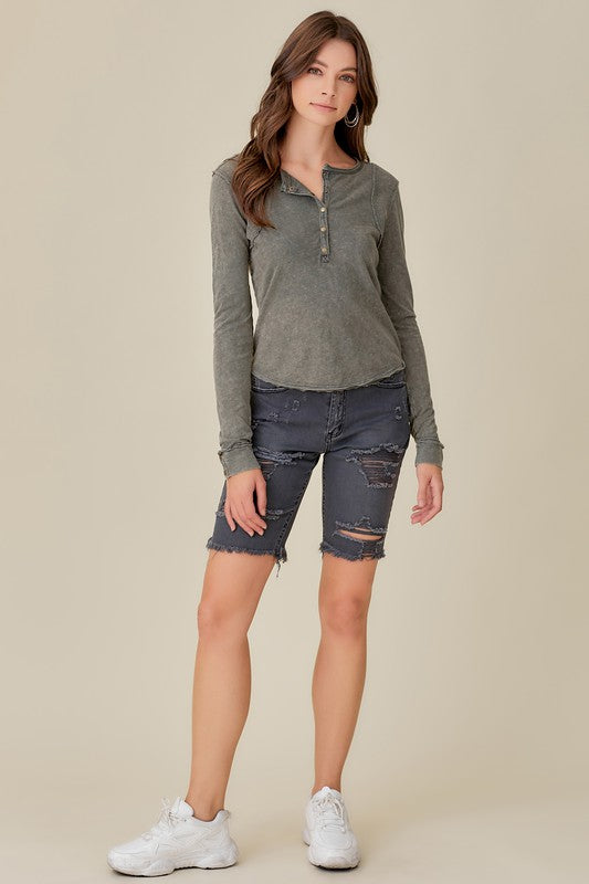 Button-Up Front Raw Edge Top
