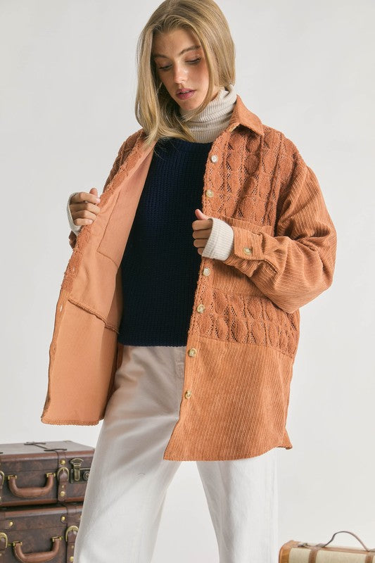 VELVET LACE DETAILS MIXED RELAXED CORDUROY SHACKET