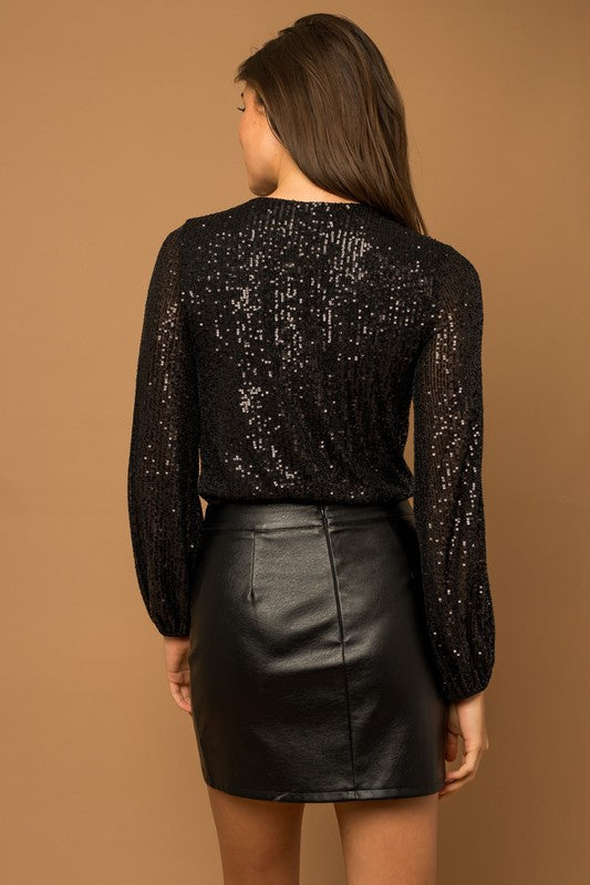 
            
                Load image into Gallery viewer, Long Sleeve Sequin Wrap Bodysuit
            
        