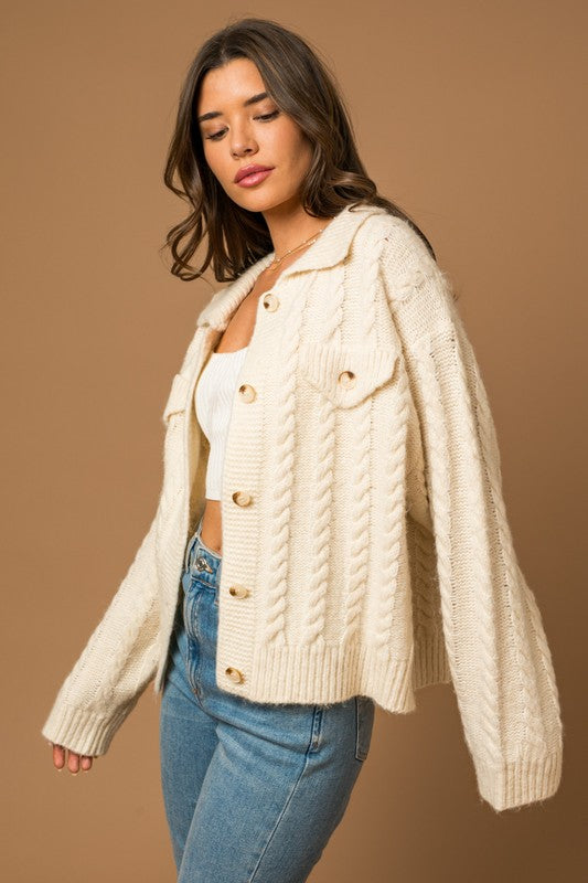 
            
                Load image into Gallery viewer, Collared Cable Sweater Cardigan
            
        
