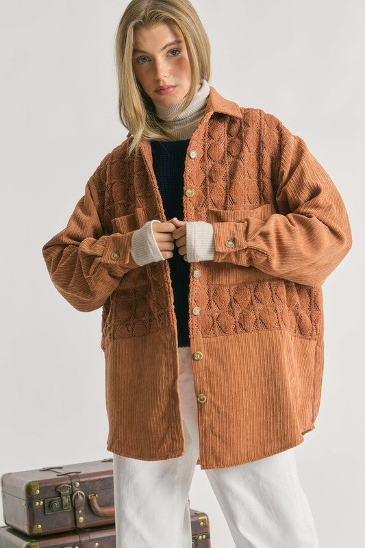 VELVET LACE DETAILS MIXED RELAXED CORDUROY SHACKET