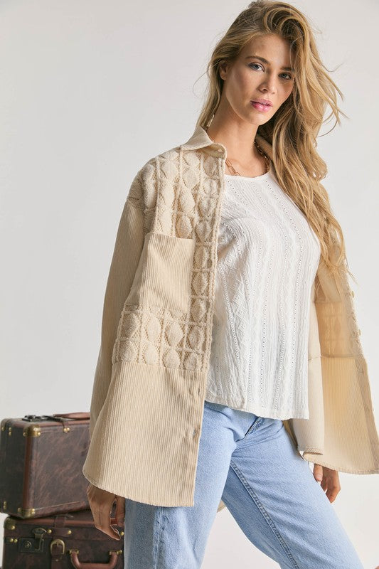 VELVET LACE DETAILS MIXED RELAXED CORDUROY SHACKET