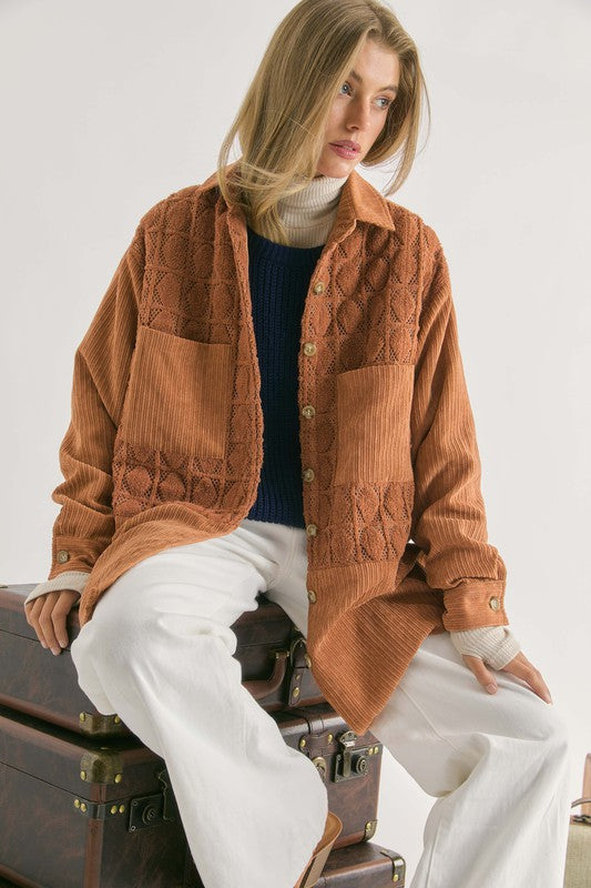 VELVET LACE DETAILS MIXED RELAXED CORDUROY SHACKET