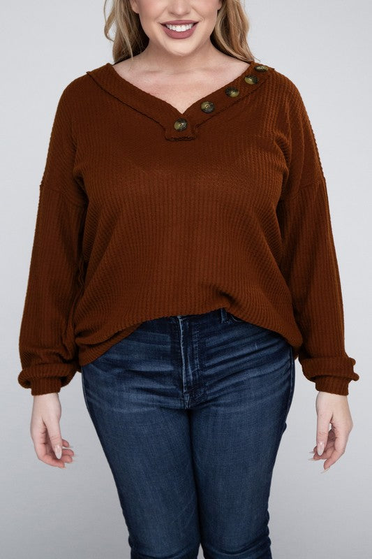 
            
                Load image into Gallery viewer, Plus Brushed Waffle V-Neck Button Detail Sweater
            
        