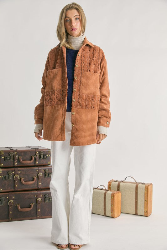 VELVET LACE DETAILS MIXED RELAXED CORDUROY SHACKET
