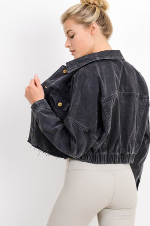 Raw + Ribbed Cropped Denim Jacket (Charcoal) - ClassyQueen_Boutique