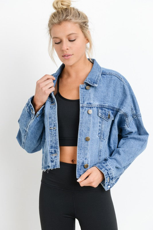 
            
                Load image into Gallery viewer, Raw + Ribbed Crop Denim Jacket (Denim Blue) - ClassyQueen_Boutique
            
        