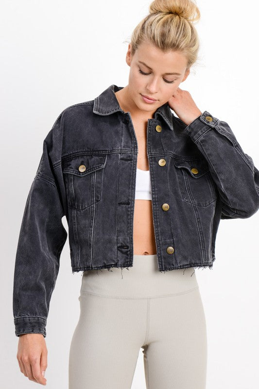 Raw + Ribbed Cropped Denim Jacket (Charcoal) - ClassyQueen_Boutique