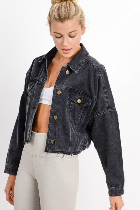 Raw + Ribbed Cropped Denim Jacket (Charcoal) - ClassyQueen_Boutique