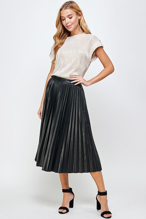 Classy + Chic Faux Leather Pleated Skirt (Black)