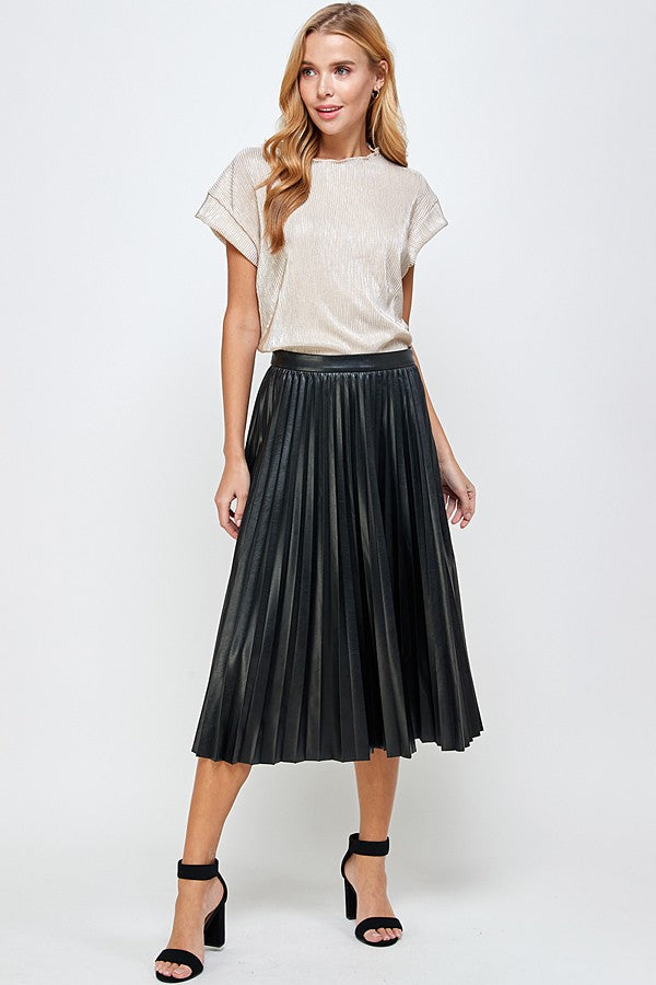 Classy + Chic Faux Leather Pleated Skirt (Black)