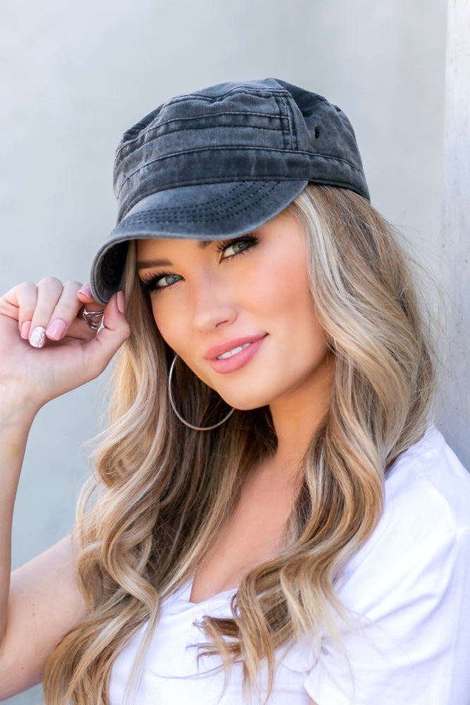 Distressed Cadet Cap (Black) - ClassyQueen_Boutique