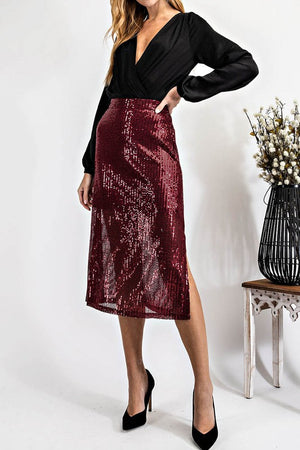 
            
                Load image into Gallery viewer, CQ Sequin Midi Skirt (Burgundy)
            
        