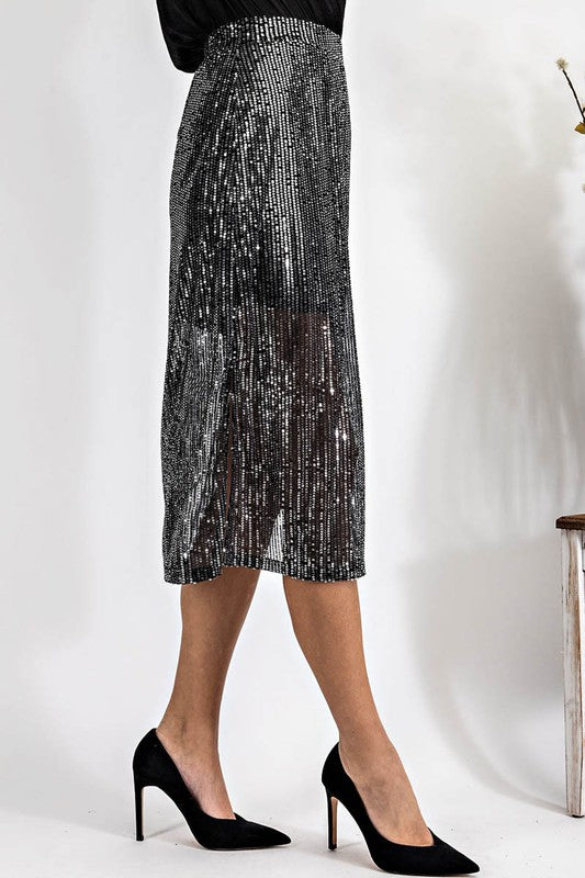 
            
                Load image into Gallery viewer, CQ Sequin Midi Skirt (Black)
            
        