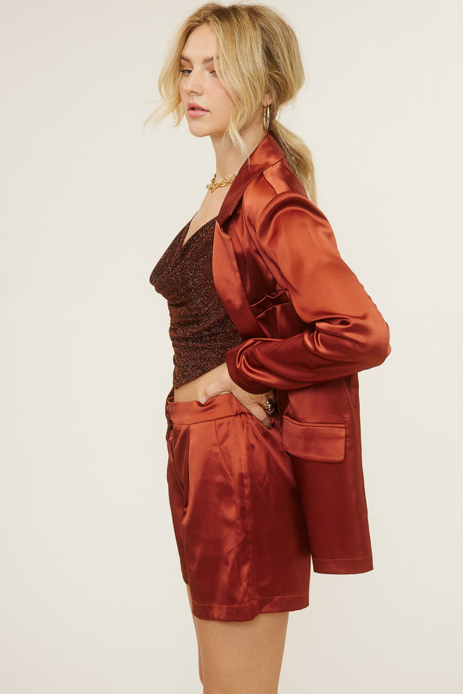 
            
                Load image into Gallery viewer, Queen of Fall Satin Blazer Set (Rust)
            
        