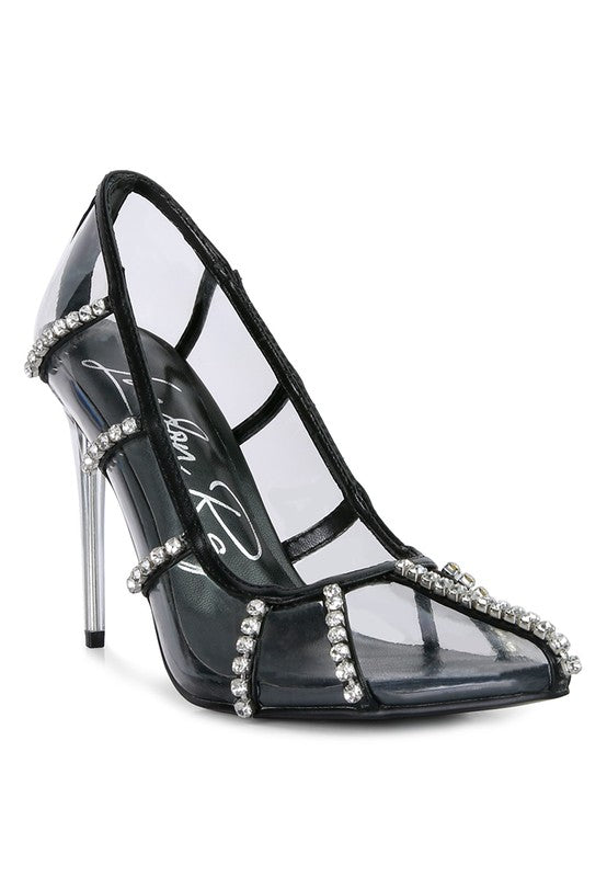 
            
                Load image into Gallery viewer, Diamante Clear High Heel Cage Pumps
            
        