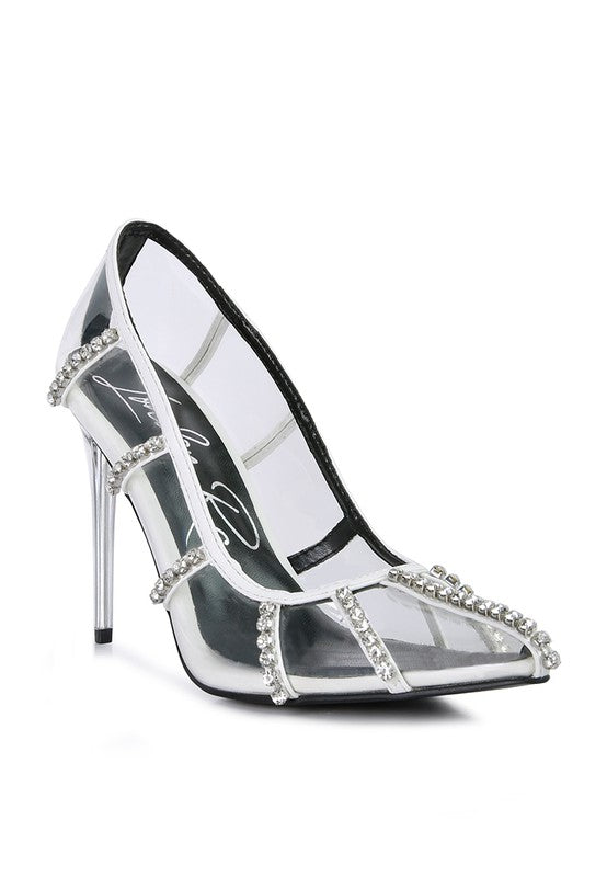 
            
                Load image into Gallery viewer, Diamante Clear High Heel Cage Pumps
            
        