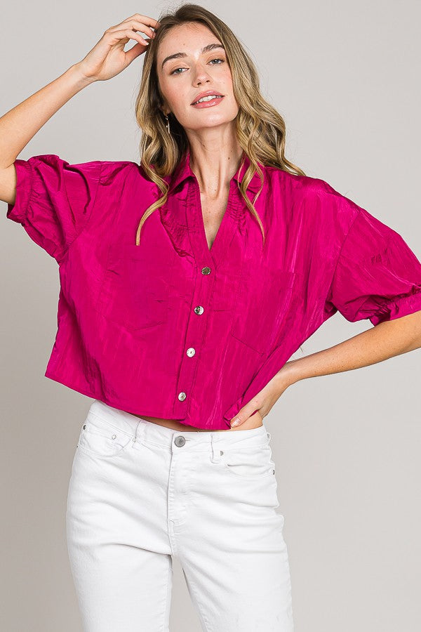 Classy Crinkled Satin Crop Shirt (Hot Pink)