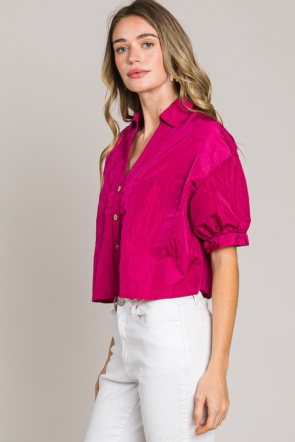 Classy Crinkled Satin Crop Shirt (Hot Pink)