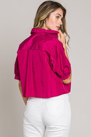 Classy Crinkled Satin Crop Shirt (Hot Pink)