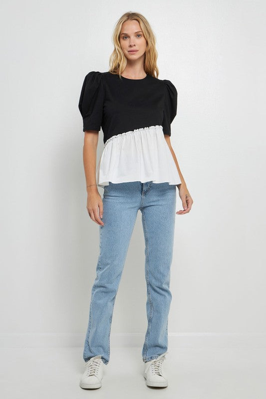 Mixed Media Peplum Contrast Top