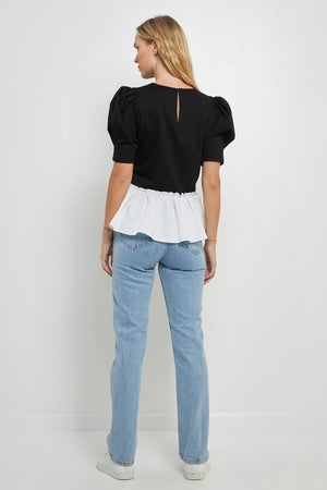 Mixed Media Peplum Contrast Top
