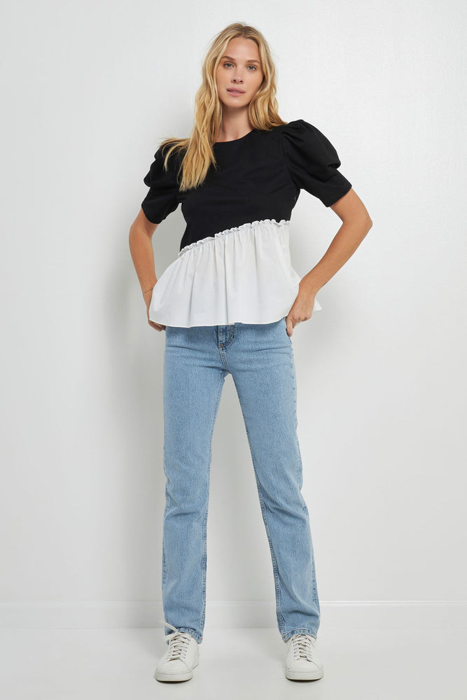 Mixed Media Peplum Contrast Top