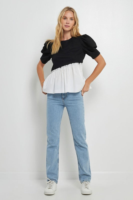 Mixed Media Peplum Contrast Top