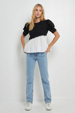 Mixed Media Peplum Contrast Top