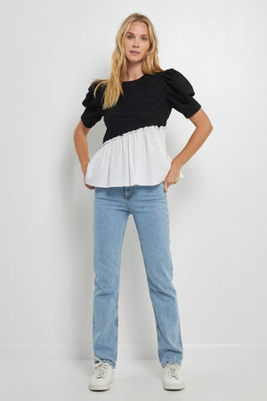 Mixed Media Peplum Contrast Top