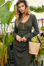 Button Down Bodycon Midi Dress (Olive) - ClassyQueen_Boutique