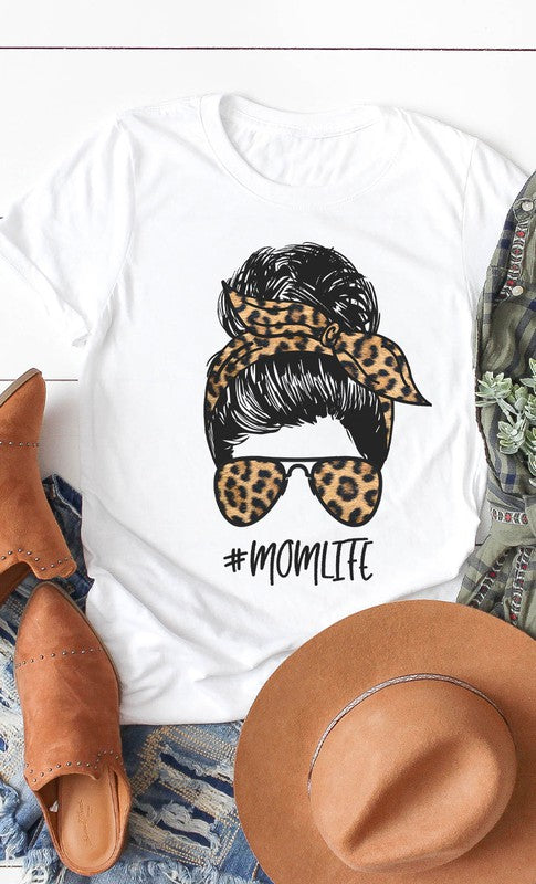 Mom Life Leopard Messy Bun Tee