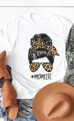 Mom Life Leopard Messy Bun Tee